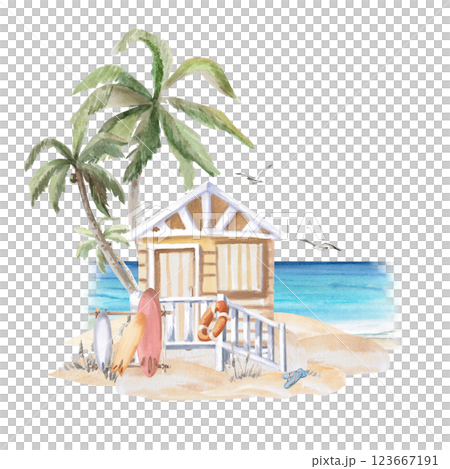 Landscape with a beach house on the ocean shore. Isolated watercolor illustration of summer holiday attributes for postcard design, summer restaurant design, printing of tourist brochures. 123667191