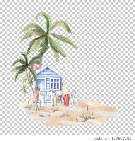 Beach house on the shore with drying laundry. Isolated watercolor illustration of summer holiday attributes for postcard design, summer restaurant design, printing of tourist brochures. Beach house on the shore with drying laundry. Isolated watercolor illustration of summer holiday attributes for postcard design, summer restaurant design, printing of tourist brochures. 123667193