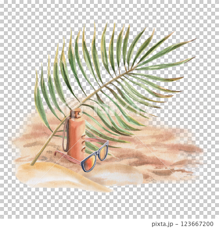 . Sports water bottle, glasses and palm leaf on sand. Isolated watercolor illustration of summer holiday attributes for design of sports shops, postcards, printing on tourist brochures. 123667200