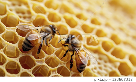 Two honey bees working on golden honeycomb, close up macro shot with copy space 123667318