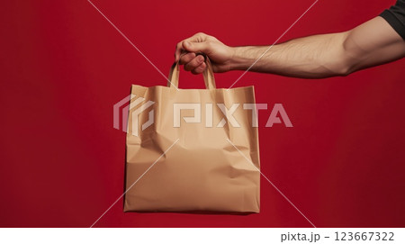 Hand holding a paper bag against red background with copy space 123667322