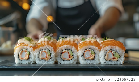 Japanese sushi rolls with salmon served by chef in professional restaurant kitchen Japanese sushi rolls with salmon served by chef in professional restaurant kitchen 123667325