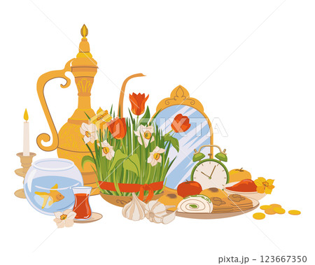 Products for the International Day of Navruz. Iranian New Year is a sacred day and religious holiday of Zoroastrians and Baha'is. Mirror, green grass, sweets, candles, vinegar, flowers. Flat vector. 123667350
