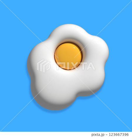 Fried egg isolated on blue background. 3d render illustration. 123667396