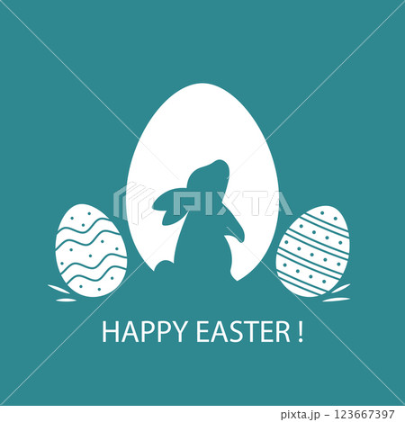 Happy Easter. Postcard with bunny silhouette, and decorated eggs. Modern minimalist style. Vector flat illustration. Happy Easter. Postcard with bunny silhouette, and decorated eggs. Modern minimalist style. Vector flat illustration. 123667397