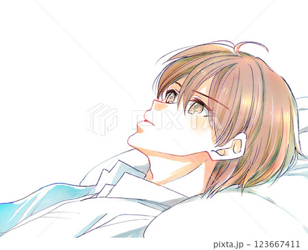 仰向けで横になっている男性 真顔 仰向けで横になっている男性 真顔 123667411