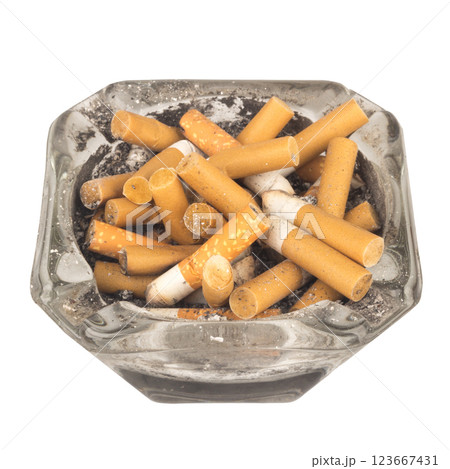 Ashtray butts cigarette on white 123667431