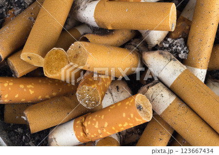 Ashtray butts cigarette texture closeup Ashtray butts cigarette texture closeup 123667434