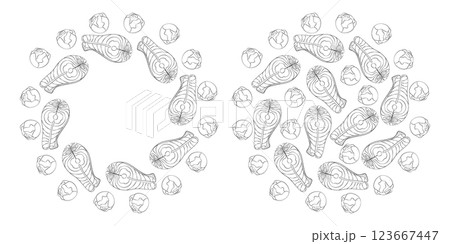 Hand drawn Salmon steaks and Brussels sprout heads Circular Frame and fill Background Texture Set 2 123667447