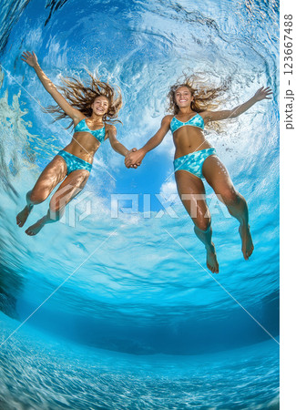 Mother and daughter with long hair jumping in water. Beach bodies. Blue color. Shot from below  123667488