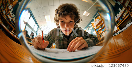 Teenage boy writing in his copybook sitting in the classroom. Shot from below on fish-eye camera 123667489