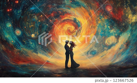 Couple dancing under swirling galaxies with vibrant colors in a cosmic setting 123667526