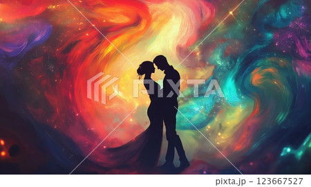 Couple dancing under swirling galaxies with vibrant colors in a cosmic setting 123667527