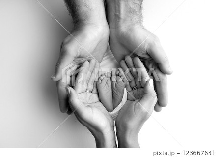 A father and mother hold the feet of a newborn child in a blanket. The feet of a newborn in the hands of parents. Black and white Photo of foot, heels and toes. The palms of the parents. A father and mother hold the feet of a newborn child in a blanket. The feet of a newborn in the hands of parents. Black and white Photo of foot, heels and toes. The palms of the parents. 123667631