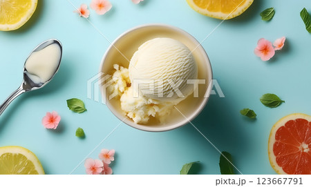 Lemon Ice Cream with Citrus and Floral Decor on Blue Background 123667791