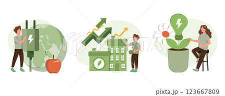 Green economy illustration set. Sustainable economic with renewable energy and natural resources. Green nature energy and electric power industry concept. Vector illustration. Green economy illustration set. Sustainable economic with renewable energy and natural resources. Green nature energy and electric power industry concept. Vector illustration. 123667809