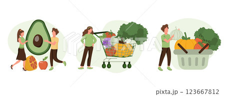 Grocery vegetables illustration set. Character buying fresh organic vegetables and putting in shopping trolley and basket. Local production support concept. Vector illustration. Grocery vegetables illustration set. Character buying fresh organic vegetables and putting in shopping trolley and basket. Local production support concept. Vector illustration. 123667812