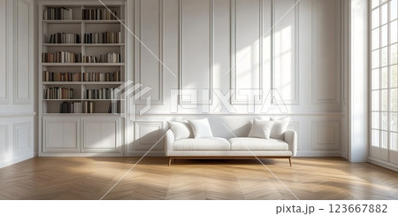 Modern bright spacious parisian living room interior design wallpaper, copy space 123667882