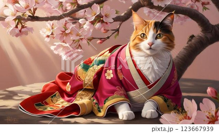 着物を着てポーズをとる日本猫 123667939