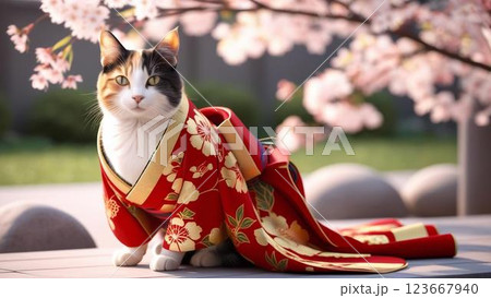 着物を着てポーズをとる日本猫 123667940