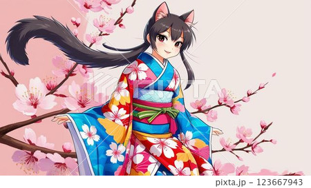 着物を着てポーズをとる日本猫 123667943