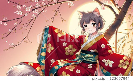 着物を着てポーズをとる日本猫 123667944