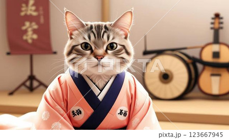 着物を着てポーズをとる日本猫 着物を着てポーズをとる日本猫 123667945