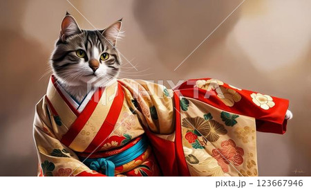 着物を着てポーズをとる日本猫 123667946