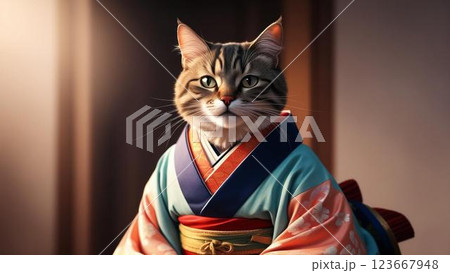 着物を着てポーズをとる日本猫 123667948