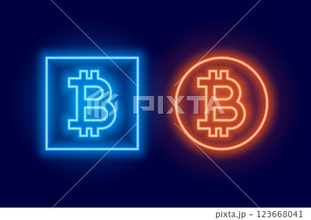 two bitcoin logo symbol made in neon style 123668041