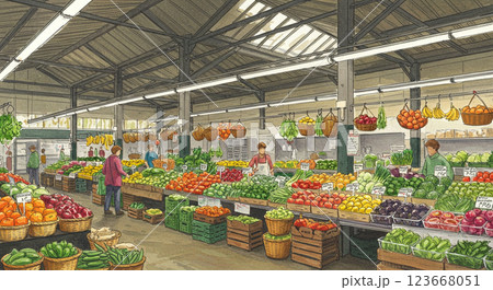 活気あふれる屋内市場の新鮮な野菜と果物売り場 123668051