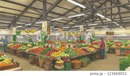 活気あふれる屋内市場の新鮮な野菜と果物売り場 123668052