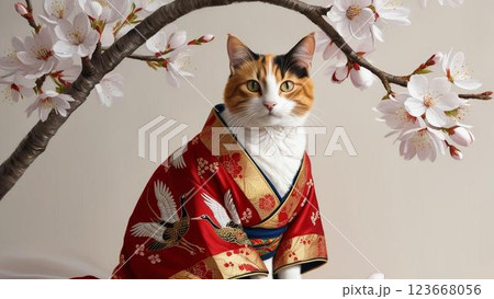 着物を着てポーズをとる日本猫 123668056