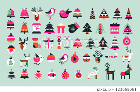Modern Geometric Christmas Icon Set With Festive Elements In Flat Vector Illustration 123668061
