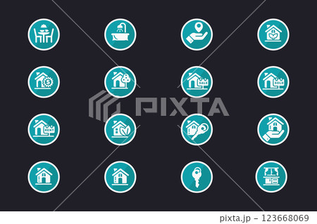 Teal Real Estate Icons Set For Property Sales, Rental, Interior Design, And Home Services In Vector Format 123668069