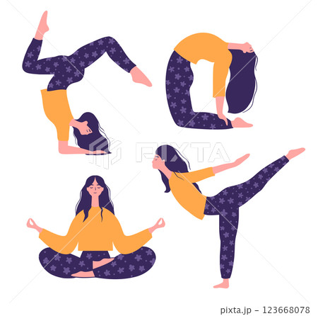 Yoga Clipart Set With Women Practicing Meditation And Advanced Stretching Poses Yoga Clipart Set With Women Practicing Meditation And Advanced Stretching Poses 123668078