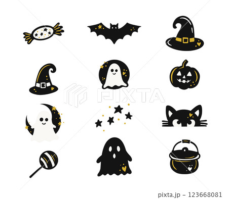 Cute Halloween Clipart Set With Ghosts, Bats, Pumpkins, And Witch Hats In Hand-Drawn Vector 123668081
