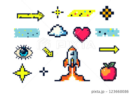 Pixel Art Icon Set With Rocket, Heart, Cloud, Arrows, And Stars In Retro 8-Bit Style Pixel Art Icon Set With Rocket, Heart, Cloud, Arrows, And Stars In Retro 8-Bit Style 123668086