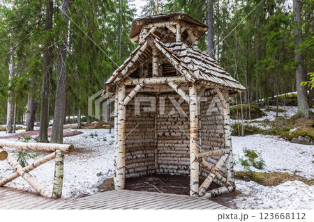 Small birch gazebo located in Monrepos Park on a winter day 123668112