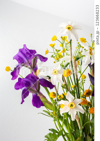 Bouquet of spring flowers, irises and yellow ranunculus with white daffodils Bouquet of spring flowers, irises and yellow ranunculus with white daffodils 123668233