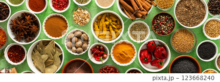 Fresh, multicolored spices and herbs set against a gentle green background, creating a vivid, fragrant display perfect for food inspiration, banner Fresh, multicolored spices and herbs set against a gentle green background, creating a vivid, fragrant display perfect for food inspiration, banner 123668240