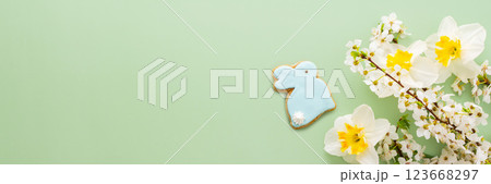 Spring flowers and Easter eggs and bunnies 123668297