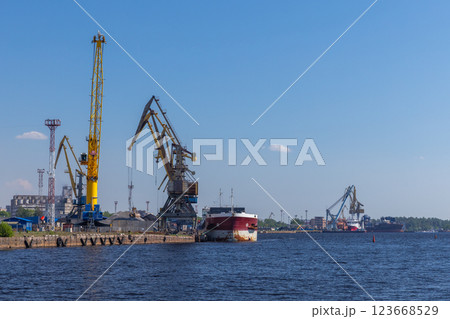 Seaport of Vyborg, cargo terminal coastal view with cranes 123668529