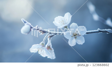 frozen cherry blossom branch with delicate white flowers dusted in frost, soft focus and cold blue tones under natural light, creating a serene and poetic winter scene with fine macro details 123668602