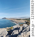 Scenic Coastal View from Rocky Cliff in Gazipasa Turkey with Sea, Koru Beach, and Mountains 123668829