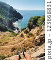 POV Person Sitting on Cliff Edge with Ocean View during Hiking Adventure in Gazipasa Turkey on Sunny 123668831