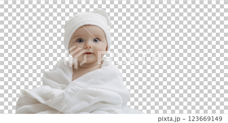 Happy joyful baby in white blanket towel transparent PNG, isolated background cutout. Smiling toddler in cozy soft bed sheets 123669149