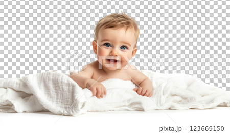 Happy joyful baby in white blanket towel transparent PNG, isolated background cutout. Smiling toddler in cozy soft bed sheets Happy joyful baby in white blanket towel transparent PNG, isolated background cutout. Smiling toddler in cozy soft bed sheets 123669150