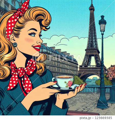 Stylish woman enjoying coffee in Paris, pop art style, vintage hues. Romantic atmosphere, ideal for travel, lifestyle, and fashion themes. 123669385