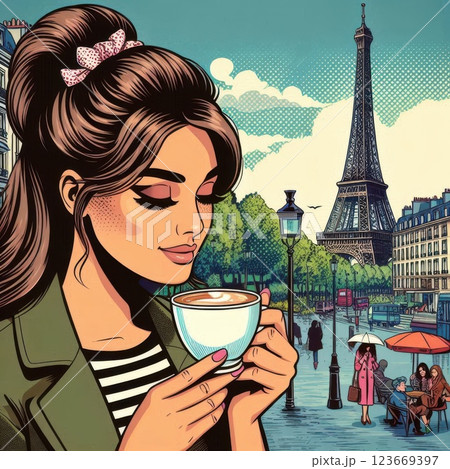 Chic woman sipping coffee in Paris, pop art style with vintage colors. Romantic vibes, perfect for travel, lifestyle, and fashion concepts. 123669397